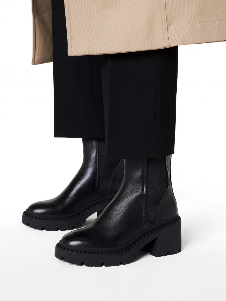 Bottines à talon large en cuir naturel 