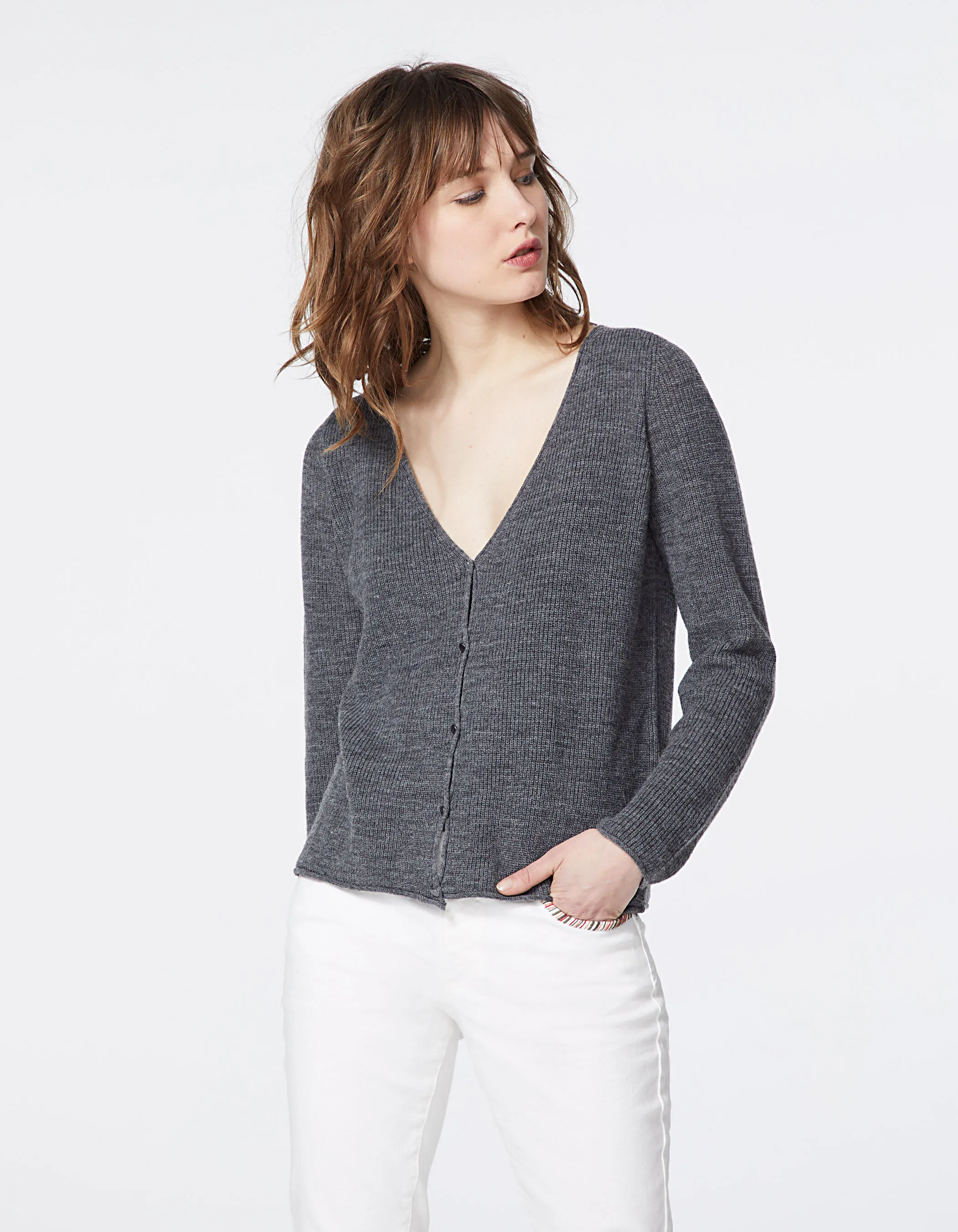 Cardigan fantaisie réversible fil poilu gris femme