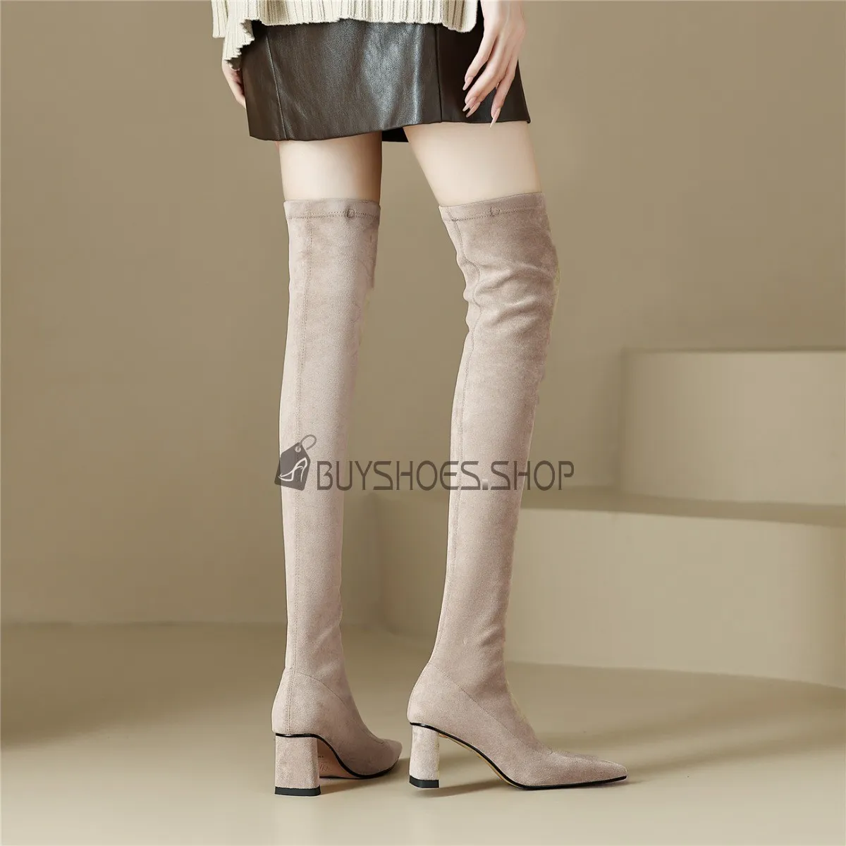 Fourrées Daim Habillé Moderne Cuissardes Bottes Hautes Femme Stretch Talons Epais Talon Carré À Talon