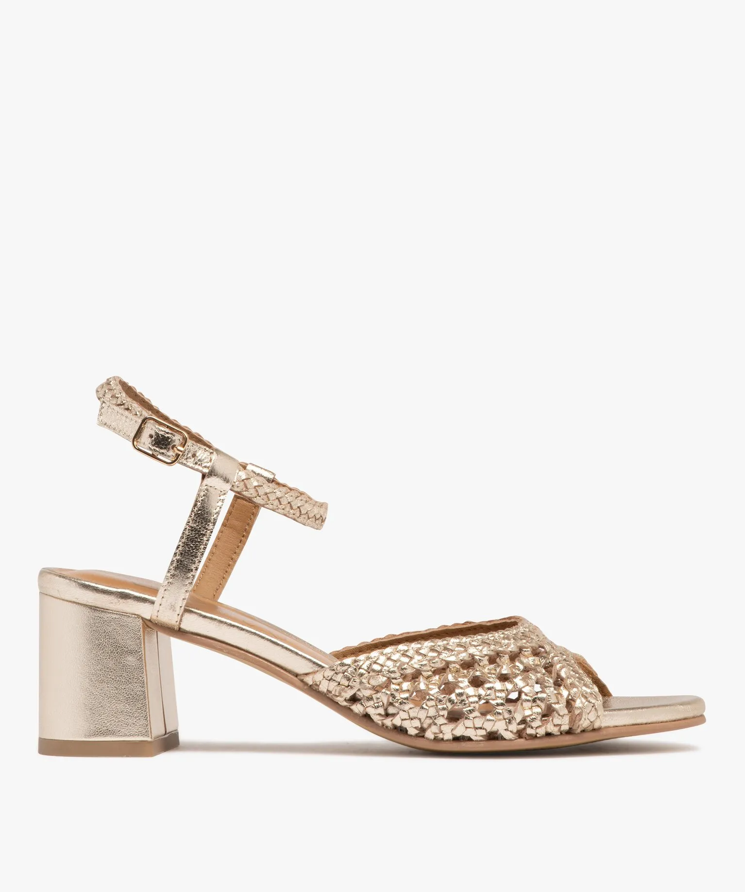 sandales femme a talon carre avec bandeau en cuir tresse metallise - taneo dore sandales a talon