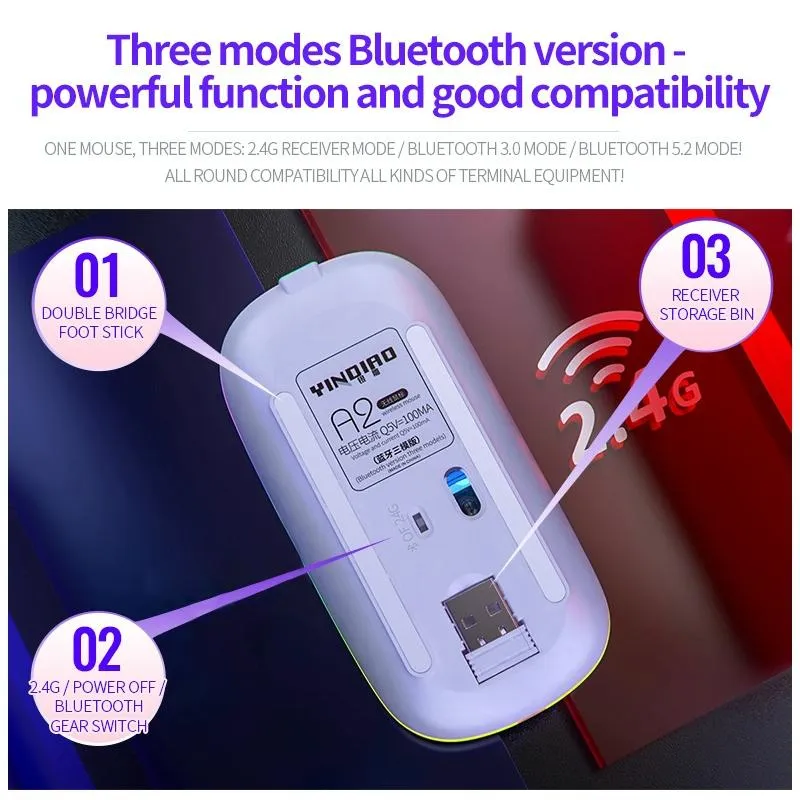 Souris Sans Fil Bluetooth Silencieuse RGB 1600DPI