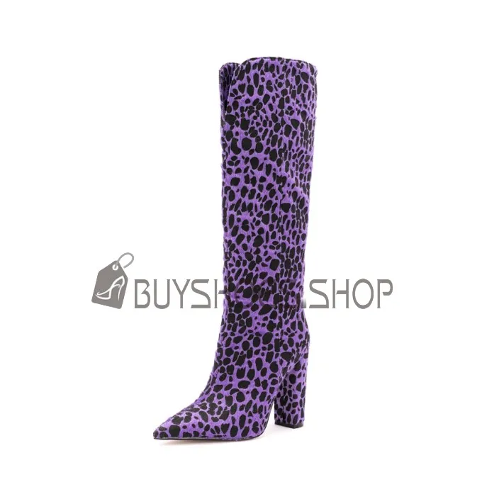 Talons Epais Talon Carré Leopard Bottes Hautes Simili Fourrure A Talon Violette Habillé Simili Cuir