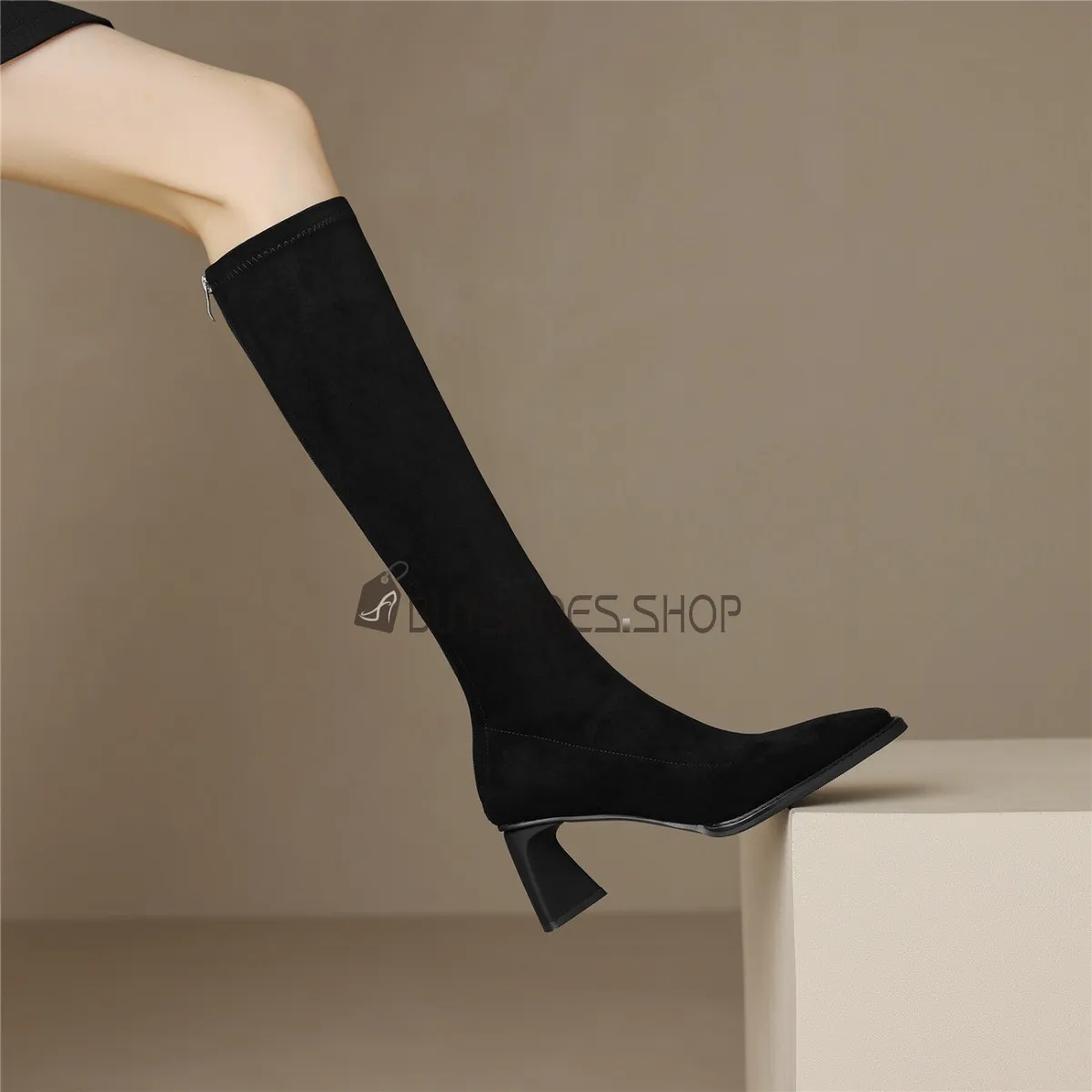 Vintage Habillées A Talon 7 cm Daim Fourrées Knee Boots Bottes Haute Talon Epais Classique Stretch Fermeture Éclair Chaussettes 